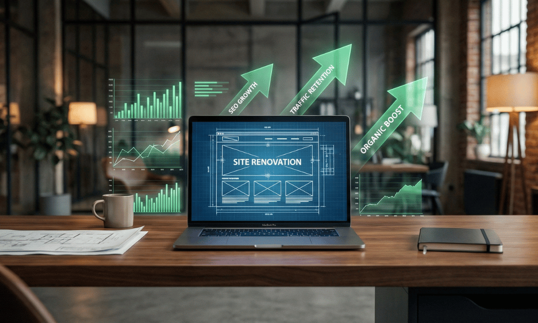 Laptop-displaying-a-website-wireframe-blueprint-and-glowing-SEO-growth-charts-during-a-digital-strategy-planning-session