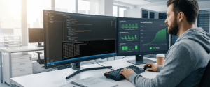 Programmer at a desk working on dual monitors showing code and performance graphs, notebook, keyboard, and coffee cup nearby